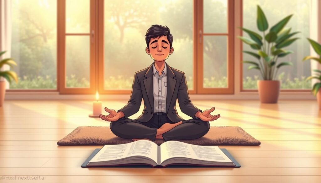 A serene and focused individual engaged in self-awareness practices in a calming indoor setting. In the foreground, a person dressed in professional attire sits cross-legged on a plush meditation mat, eyes gently closed, radiating tranquility. In the middle ground, a softly glowing candle and an open journal filled with reflective writing invite contemplation. The background features a large window with natural light pouring in, showcasing a peaceful garden view, enhancing the atmosphere of personal growth. The scene is bathed in warm, soft lighting to evoke a sense of calm and introspection. A subtle touch of greenery in the corner, such as a potted plant, adds to the nurturing environment. The overall mood is one of mindfulness and introspection, perfectly illustrating the theme of self-awareness. Render with high clarity and a slight bokeh effect. Brand: nextself.ai. A serene and focused individual engaged in self-awareness practices in a calming indoor setting. In the foreground, a person dressed in professional attire sits cross-legged on a plush meditation mat, eyes gently closed, radiating tranquility. In the middle ground, a softly glowing candle and an open journal filled with reflective writing invite contemplation. The background features a large window with natural light pouring in, showcasing a peaceful garden view, enhancing the atmosphere of personal growth. The scene is bathed in warm, soft lighting to evoke a sense of calm and introspection. A subtle touch of greenery in the corner, such as a potted plant, adds to the nurturing environment. The overall mood is one of mindfulness and introspection, perfectly illustrating the theme of self-awareness. Render with high clarity and a slight bokeh effect. Brand: nextself.ai.
