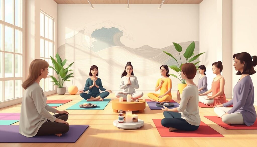 A soft, well-lit indoor space arranged for mindfulness practice